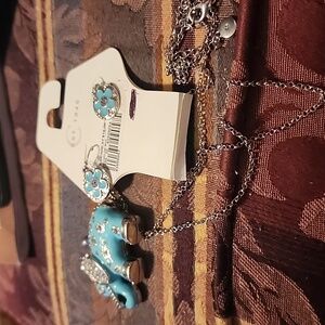 Siver turquoise long necklace with earrings
